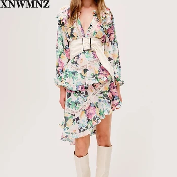 XNWMNZ za Femei 2020 Moda Chic Cu Dantela cu imprimeuri Florale Asimetric Rochie Mini Vintage Maneca Lunga, Cordon Rochii de sex Feminin