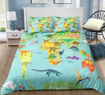 3d harta lumii seturi de lenjerie de pat verde și alb ca fundal de animale dinozaur harta lumii imprimate drăguț seturi de lenjerie pentru băieți și fete