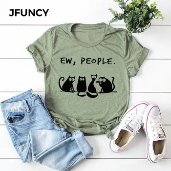 JFUNCY Oameni Ew Pisici Drăguț de Imprimare de Vara Tricou Femei Hipster Harajuku Graphic Tee Plus Dimensiune Bumbac Femei Topuri Tricou Vrac