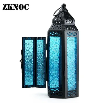 ZKNOC marocan felinare de Sticlă Metal Incanta Grădină Suport Lumanare Masă/Felinar Agățat atât pentru interior și exterior albastru/ c