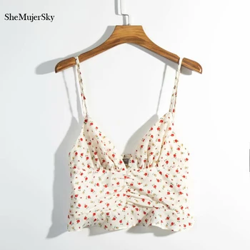 SheMujerSky Vara imprimeu Floral Crop Top Volane Tiv Rezervor Topuri pentru Femei Curea de Spaghete Backless Topuri 2019 camiseta tirantes mujer