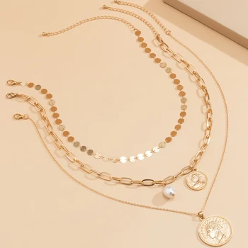 PuRui Vintage cu mai Multe Straturi de Femei Monedă Coliere de Aur de Culoare Bling Paiete Cravată Boemia de Moda Colier de Perle 2021 Bijuterii