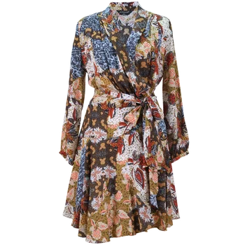 POKWAI femei genunchi lungime rochie de mătase imprimare maneca lunga V-Gât stil casual rochii florale
