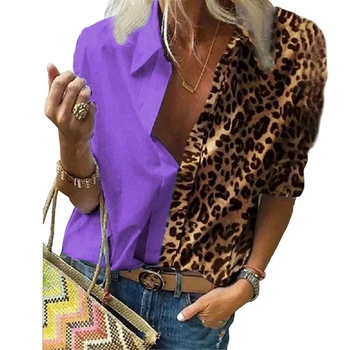 Birou Doamnă Cu Maneci Lungi Leopard Mozaic De Culoare Bloc Tricou Femei Șifon Bluza Casual Plus Dimensiune Topuri