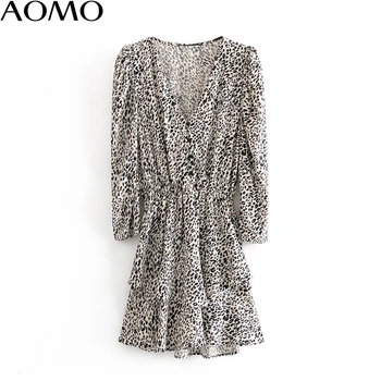 AOMO moda femei leopard de imprimare șifon rochie mini puff maneca lunga doamnelor de epocă rochie scurta vestidos 6A08A
