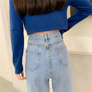 Femei Talie Inalta Blugi Slim Lady Coreea De Largi Picior Pantaloni Drepte Supradimensionate Trunchiate Denim Pantaloni Toamna Albastru Subțire Vrac Pantaloni