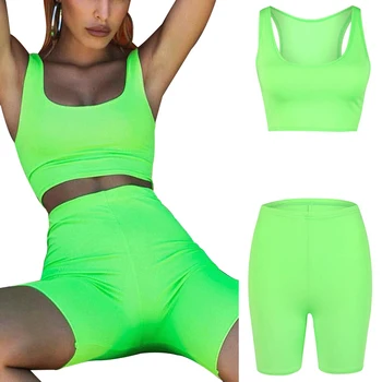 Doamna 2 Piese Sport Yoga Set Solid De Culoare Verde Fluorescent Sling Slim Crop Top De Mare Elastic Talie Trupa Fără Sudură De Fitness, Pantaloni Scurți