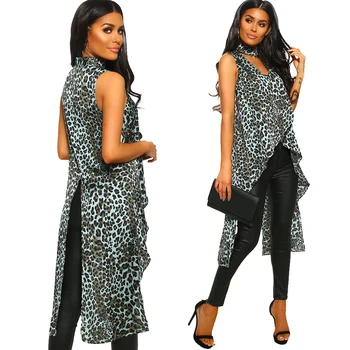 Femei Top Bluze Leopard Imprimate Fără Mâneci Neregulate Zburli Munca De Birou Poarte Doamnelor Cămașă Bluză De Vară De Sex Feminin Topuri Q30