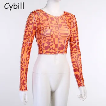 Cybill Mozaic Maneca Lunga Tricou Femei Streetwear Toamna Crop Top 2020 Diamant Tee Îmbrăcăminte Doamna