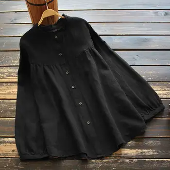 ZANZEA 2021 Primăvară Femei Tricou Vintage Lenjerie de pat din Bumbac Bluza Casual cu Maneci Lungi Solide în Vrac Butoane Blusas Volane Tunica Topuri 5XL
