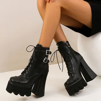 RIBETRINI Sexy Marca Lady Toc Bloc de Designer cu Fermoar Negru Pantofi Solide Tocuri inalte pantofi dantela Glezna Cizme pentru Femei Cizme de Iarna