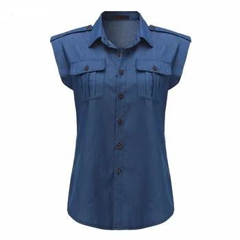 Nouă Femei de Moda Jean/Denim Tricouri de Vară fără Mâneci, Guler de Turn-down Topuri Chic T-shirt Femei Butoane Topuri Cu Buzunare