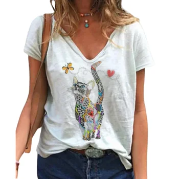Pisica drăguț Fluture de Imprimare Femei de Moda T-shirt Design Estetic Bumbac Poliester tricouri Casual V-neck Maneca Scurta Strada Topuri