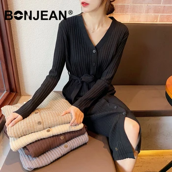 Rochie Pulover Elegant Stil Coreean Femeile Rochii Lungi V-Neck Single-Breasted Negre Toamna Iarna Rochie Bodycon Streetwear Z008