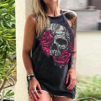 Casual Femei Craniu Floare De Imprimare Tricou Bluza De Vară 2020 Stilul Punk Pierde Tricouri Fără Mâneci Sexy De Pe Umăr Halter Blusa Topuri