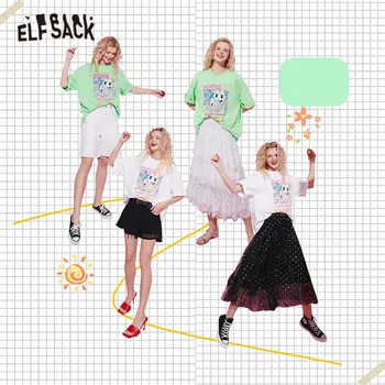 ELFSACK Verde Grafic de Imprimare Casual Harajuku Tricotate T-Shirt Femei de Vară 2020 ELF Alb cu Maneci Scurte coreean Doamnelor Top de zi cu Zi