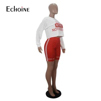 Echoine Femei Sexy scrisoare de Imprimare Set de Două Piese maneca Lunga T-shirt, pantaloni Scurți Jogger Trening de Potrivire Tinuta Petrecere de Streetwear