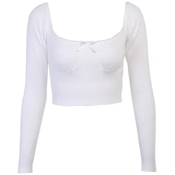 Europa Toamna Iarna 2020 Nou tricou Femei Lungă cu mâneci Arc Sexy T-shirt Femei pe Gât Pătrat Cusaturi de sex Feminin Topuri Reducere