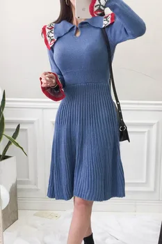 Vintage Flare Sleeve Blue Jacard Flori Rochie Pulover 2019 Femeile de Primăvară Elegant cu Rever Guler Tricot Pulover Femei Rochie a-line
