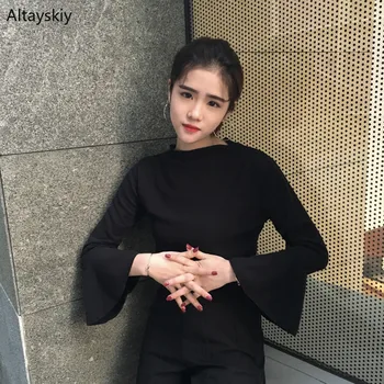 Tricouri Femei O-Gât Flare Sleeve Simplu All-meci Stil coreean grupa de petrecere a timpului Liber de zi cu Zi Pierde T-shirt Femei Elegante Solid Doamnelor