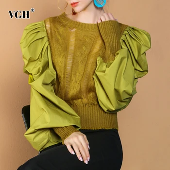 VGH Mozaic Casual, Pulovere Tricotate Pentru Femei O de Gât mâneci Supradimensionate Pulover Scurt Feminin 2020 Toamna Moda Nouă Maree