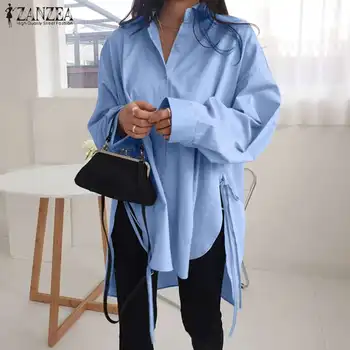 2021 ZANZEA Elegante Femei Asimetrice Tricouri Casual Dantela-Up Bluza Femei Rever Gat Buton de Cămașă Plus Dimensiune Blusas Tunica de Sus