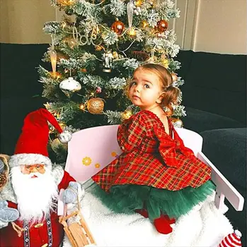Copil copil Copil Fete Petrecere de Crăciun Printesa Carouri Maneca Lunga Rochie Fusta 2 buc Crăciun Costume de Haine Drăguț Set de 2-6 ani