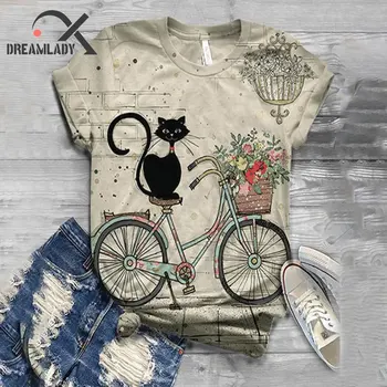 2020 Femei Cat Imprimate Casual de Bumbac T-shirt Drăguț Maneci Scurte Topuri de Vara Tee O-gât Desene animate cu Bicicleta de Imprimare Femei T Shirt