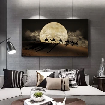 Peisaj Panza Pictura Deșert Arta de Perete Postere Si Printuri de Cămilă în Deșert Panza de Artă Noapte cu Lună Scena Imagine Decor de Perete