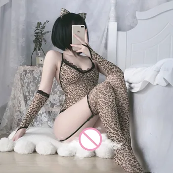 Sexy, Lenjerie Erotica Leopard de Imprimare Pisica Sălbatică Lesbiene Set Costum Club de Noapte Bandă de susținere Roleplay Uniformă Cosplay Jucarie Sexuala pentru Femeie