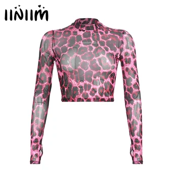 Femei Femme Leopard De Imprimare De Vacă Moda Streetwear Crop Top Casual Toamna Mock Neck Maneca Lunga Slim Fit T-Shirt, Blaturi