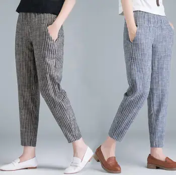 2020 primăvară femei din coreea de lenjerie de pat din bumbac stripe pantaloni femei vrac casual pantaloni cu talie înaltă subțire casual pantaloni Harem Pantaloni de Vara