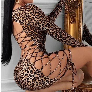Backless Leopard Bandaj Rochie Bodycon Mini Pentru Femei Low-cut cu Maneci Lungi U Neck Dress Pentru Femei Skinny Petrecere de Moda Rochie de