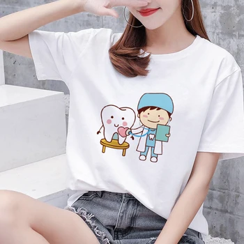 Estetic desen Animat Amuzant Dinte Dentist Top Moda Femei T Shirt 90 Harajuku Kawaii O-Neck T Shirt Model de Imprimare tricou fata