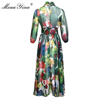 MoaaYina Designer de Moda Pistei rochie de Primavara-Vara pentru Femei Rochie guler de Arc Cactus Floral-Print Elegante Rochii de Șifon
