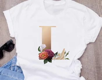 Aur Scrisoare Combinație de Flori pentru Femei de Înaltă Calitate de Imprimare T-shirt Fata de Vara a B C D E F G Maneci Scurte Topuri Tee Haine