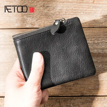 AETOO Men scurt ultra-subțire portofel, piele orizontale cu fermoar portofel mic, barbati handmade card de sac, din piele barbati portofel