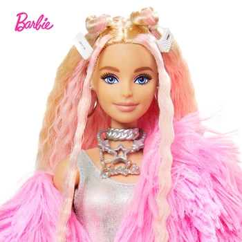 Barbie Suplimentar Papusa Roz Pufos Blana Ondulată de Păr și Unicorn ca animal de Companie un Porc-cu Gummy Bear Inel Accesorii de Jucarie pentru Copii GRN28
