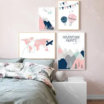 Desene Animate Roz Albastru Balon Cu Aer Cald De Perete De Arta Canvas Poster Pictura Pepinieră Postere Si Printuri Babi Nordic Poster Copil De Cameră Decor
