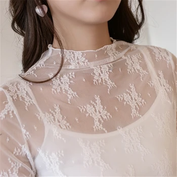 2019 Coreean Femei Maneca Lunga Slim Topuri Și Bluze De Primavara Doamnelor O-Gât Dantelă Perspectivă Camasa Cu Print Floral Blusas Mujer