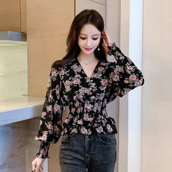 2020 Primavara-Vara Topuri Drăguț Femei Maneca Lunga Coreeană Japoneză V Gâtului Talie Subțire Ciufulit Peplum Florale Șifon Tricouri Bluza 120