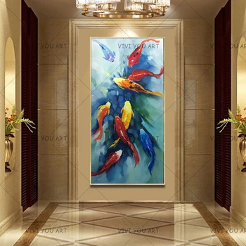 Arta de perete Poza pictat manual Abstract Nouă Koi Pește Peisaj Pictura in Ulei pe Panza tablou Pentru sufragerie Decor Modern