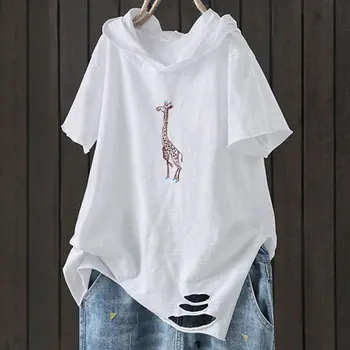 F&je Noua Moda de Vara Femei T Shirt Plus Dimensiune Maneci Scurte Largi Casual cu Gluga Tee Cămașă Gaura de Bumbac Femme de Imprimare Topuri D32