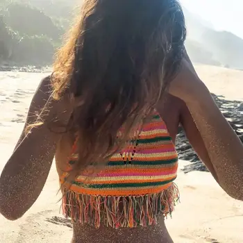 Manual de Croșetat Dungi în Culori Holi Top Top Sexy Bikini Beach pentru Femei Ciucure Costume de baie Top
