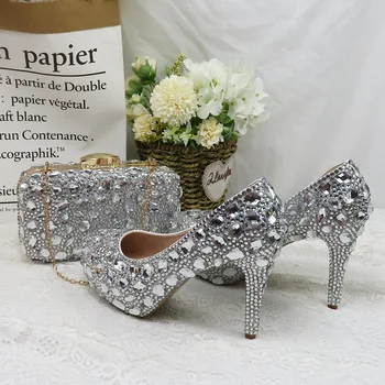 BaoYaFang cristal de argint pantofi de nunta Femeie Rotund Deget de la picior Toc Subțire Rochie de Petrecere pantofi si Genti de dimensiuni Mari 34-45