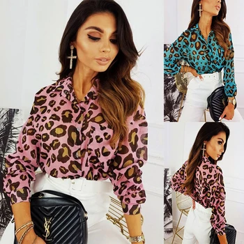 Femei Șifon Tricouri Femei Leopard Model De Bluza Cu Maneci Lungi De Sus Butoanele De Stand Guler Elegant Doamnelor Moda De Îmbrăcăminte 2020