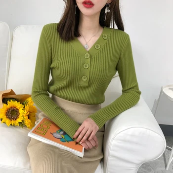 Toamna și Iarna Noi V-neck Pulover Tricotate coreean Pulover Maneca Lunga Slim Blând Tricotaje cu Butonul Femeile Trage Femme 10807