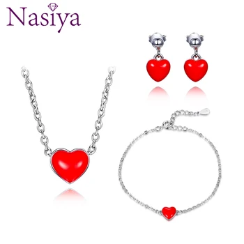 Nasiya Argint 925 Set De Bijuterii De Moda Roșu Inima Colier Cercei Bratara Pentru Femei Prietena Cadou De Aniversare