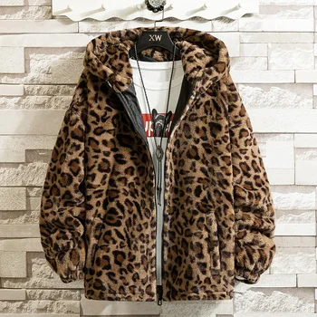 2020 Bărbați Frumos Iarna Imitație de blană de Nurcă Blană de Leopard de Imprimare Jacheta de Tineret cu Glugă Zip Jacket