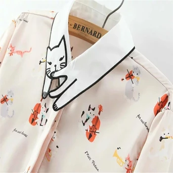 Merry Destul De Femei Șifon Bluza Pisica Desen Animat De Imprimare Tricou 2020 Maneci Lungi Turndown Guler Mozaic Topuri Și Bluze Pentru Femei